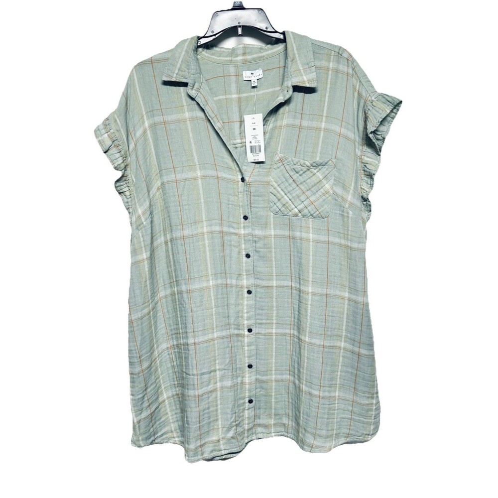 True Craft Babydoll Blouse Size 3X Short Ruffle Sleeve Button Up Soft Green New